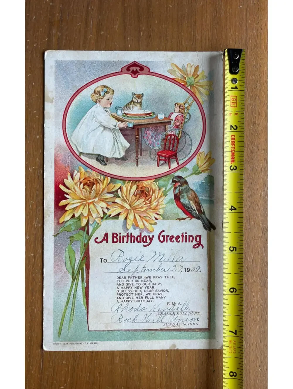 A Birthday Greeting Card Little Girl With Her Cat &Doll Tea Party Vintage 1909